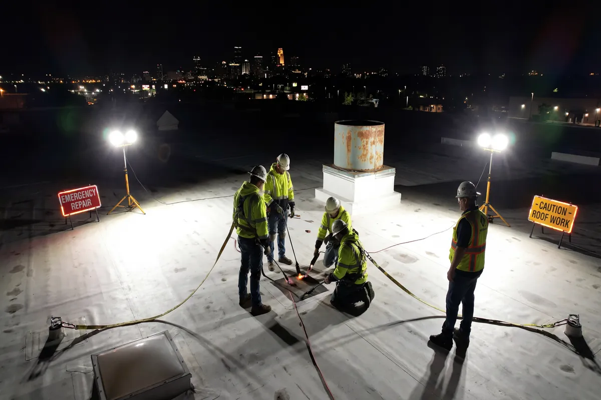 Windward Roofing emergency crew responding to commercial roof storm damage